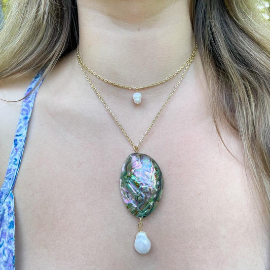 Abalone Shell and Pearl Layered Gold Necklace